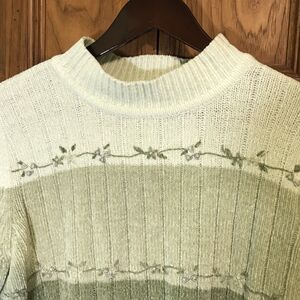 Alfred Dunner Women's L Chenille Sweater Green Striped Knit Embroidered Bead Top